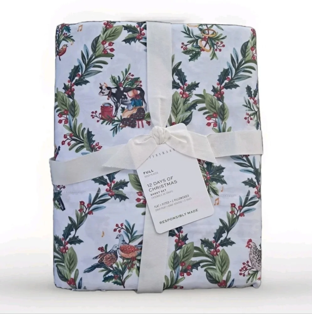 Pottery Barn Kids 12 Days of Christmas Full Sheet Set Holiday Birds Floral NEW